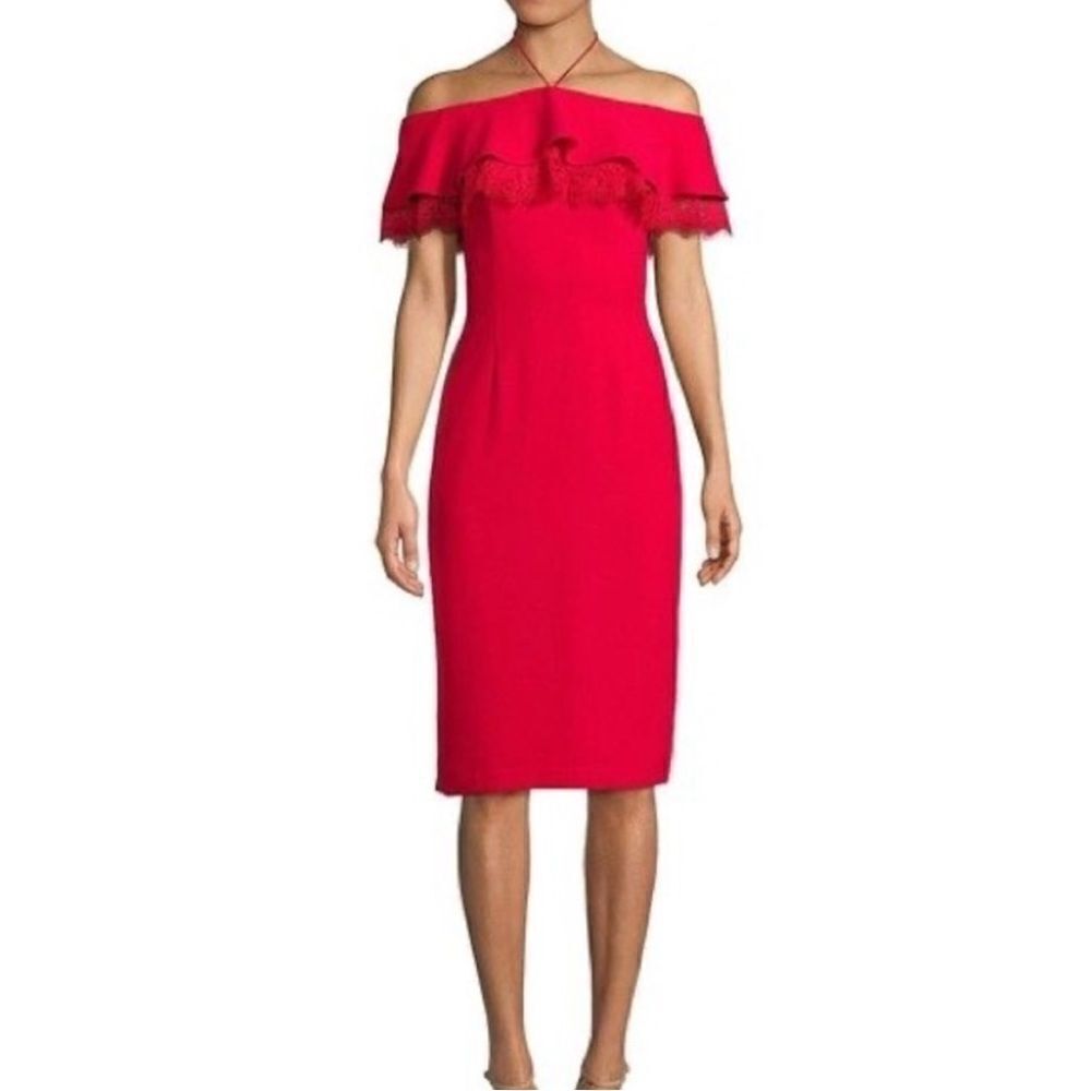 Aidan by Aidan Mattox Red Off the Shoulder Ruffled Sheath Midi Dress SIZE 12